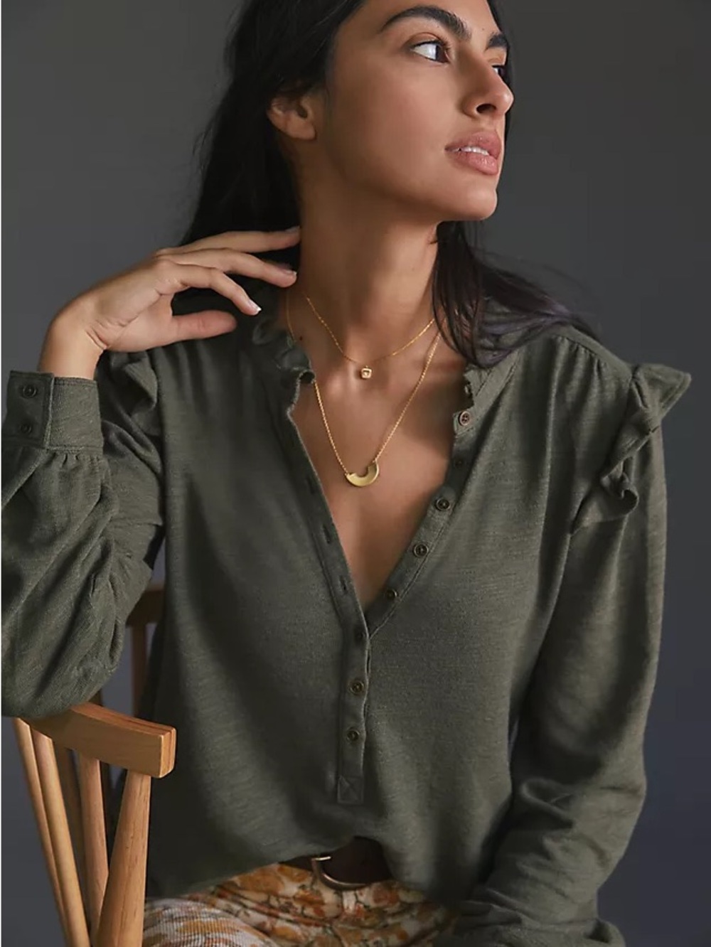 Anthropologie Pilcro Ruffle-Shoulder Henley Top in Olive Green Size L - Picture 13 of 13